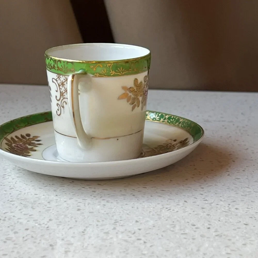 Hand Painted SGK China Demitasse Cup & Saucer Set With Gold & Green Floral Desig